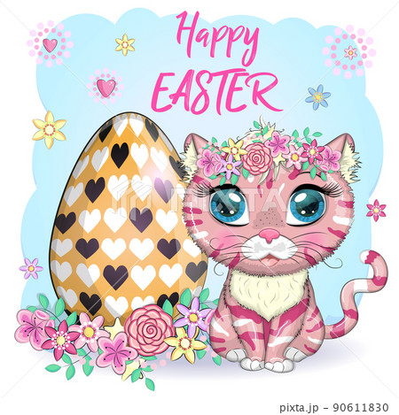Cute cartoon Cat near a beautiful Easter basket full of eggs. Happy Easter card 90611830