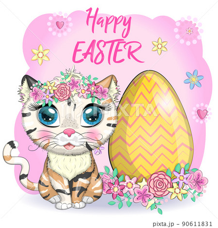 Cute cartoon Cat near a beautiful Easter basket full of eggs. Happy Easter card 90611831