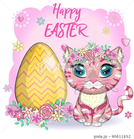 Cute cartoon Cat near a beautiful Easter basket full of eggs. Happy Easter card 90611832