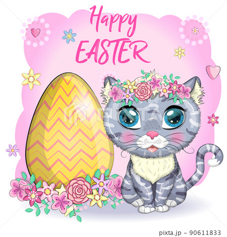 Cute cartoon Cat near a beautiful Easter basket full of eggs. Happy Easter card 90611833
