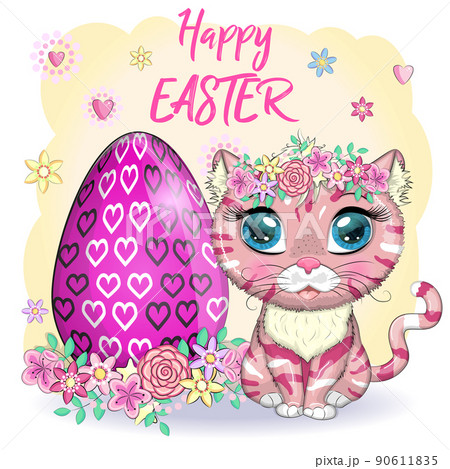 Cute cartoon Cat near a beautiful Easter basket full of eggs. Happy Easter card 90611835