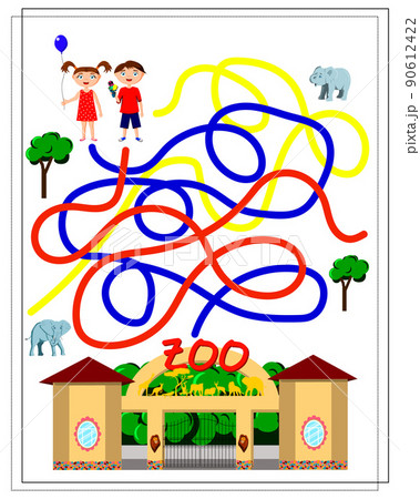 a maze game for kids. Help the children to pass through the maze to the zoo. 90612422