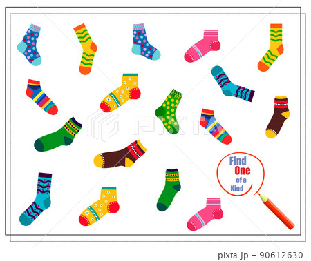 Cartoon illustration of the educational game Find a one of a kind picture. cartoon socks. Vector 90612630