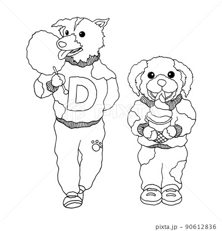 funny hipster dogs eating sweet ice cream, candy cotton vector hand drawn 90612836