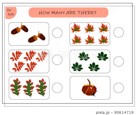 Math game for kids count how many of them there are. The leaves of the trees, maple, oak, Rowan 90614719