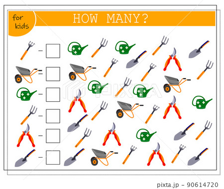 A math game for kids. Count the number of tools. Garden tools, shovel rake cart watering can, 90614720