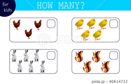 Math game for kids count the animals. Chicken, chicken, hare, squirrel. 90614722