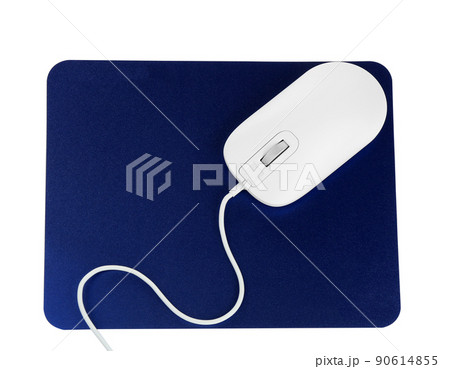 Modern wired optical mouse and blue pad isolated on white, top view Modern wired optical mouse and blue pad isolated on white, top view 90614855