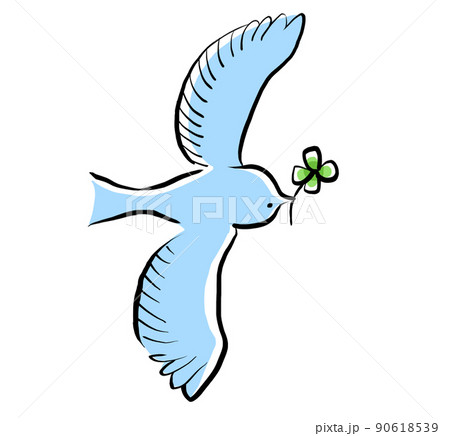 四葉のクローバーを運ぶ、青い鳥のイラストのイラスト素材 [90618539