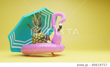 Image of a pink flamingo-shaped float ideal for summer while on vacation at the beach or by the pool. 3d rendering. 90619757