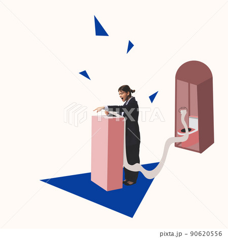 Contemporary art collage. Conceptual image. Young expressive woman loudly talking speech, reading from toilet paper. Fake news, propaganda Contemporary art collage. Conceptual image. Young expressive woman loudly talking speech, reading from toilet paper. Fake news, propaganda 90620556
