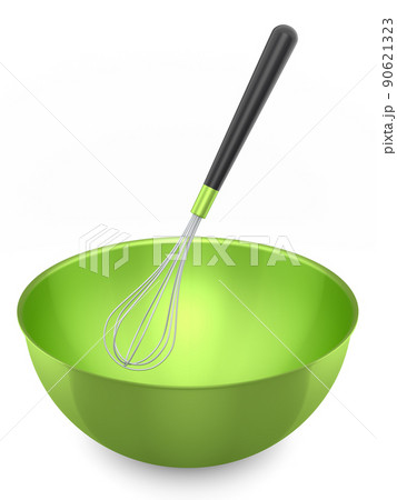 Metal bowl with whisk for preparation of dough isolated on white background. 90621323