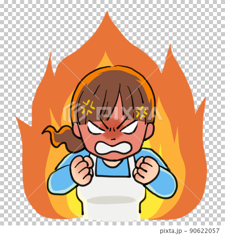 一位對背景中的火焰感到憤怒的家庭主婦的插圖 90622057