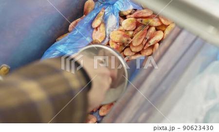 a hand picks up frozen shrimp from the refrigerator in the supermarket 90623430