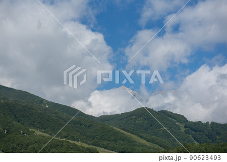 長野県北安曇郡白馬村のスノーピークランドから観える八方尾根スキー場のリフトと夏の日本百名山白馬岳 長野県北安曇郡白馬村のスノーピークランドから観える八方尾根スキー場のリフトと夏の日本百名山白馬岳 90623493