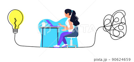 Process of solving, unleashing problems. Employee, freelancer works at office. Chaotic lines and doodles turn into a light bulb. Process of solving, unleashing problems. Employee, freelancer works at office. Chaotic lines and doodles turn into a light bulb. 90624659