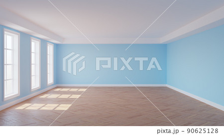 Beautiful Sunlit Interior with Light Blue Walls, Three Large Windows, White Ceiling Cornice, Parquet Flooring and a White Plinth. 3D rendering with a Work Path on the Windows. 8K Ultra HD, 7680x4320 90625128