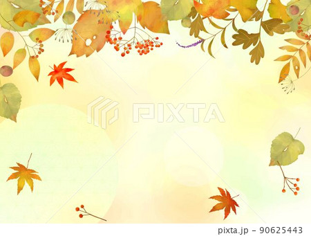 秋の紅葉した葉っぱのオシャレな北欧風ベクターフレームイラスト素材 90625443