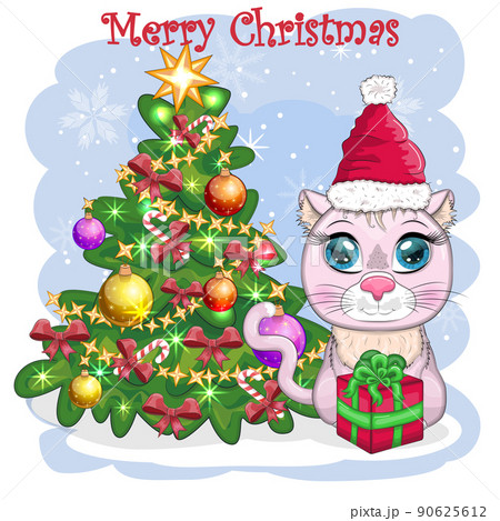Cute cartoon cat in Santa's hat near the decorated Christmas tree. Winter 2023, Christmas and Chinese New Cute cartoon cat in Santa's hat near the decorated Christmas tree. Winter 2023, Christmas and Chinese New 90625612