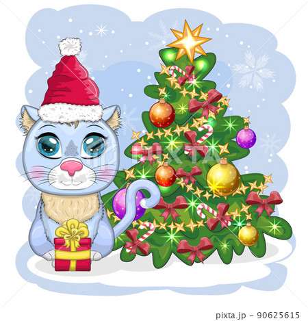 Cute cartoon cat in Santa's hat near the decorated Christmas tree. Winter 2023, Christmas and Chinese New 90625615