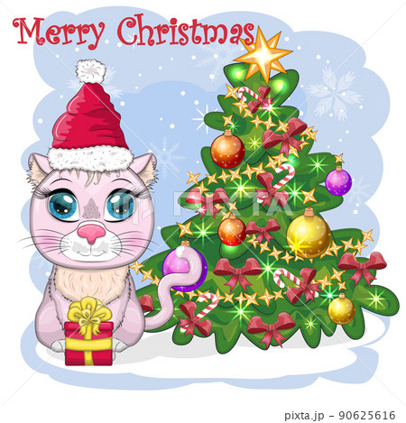 Cute cartoon cat in Santa's hat near the decorated Christmas tree. Winter 2023, Christmas and Chinese New Cute cartoon cat in Santa's hat near the decorated Christmas tree. Winter 2023, Christmas and Chinese New 90625616