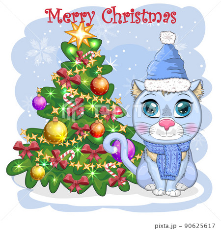 Cute cartoon cat in Santa's hat near the decorated Christmas tree. Winter 2023, Christmas and Chinese New 90625617