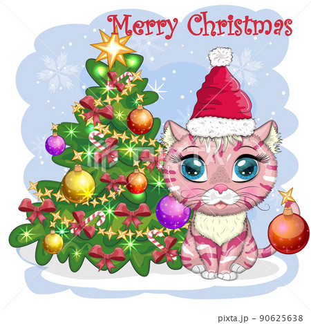 Cute cartoon cat in Santa's hat near the decorated Christmas tree. Winter 2023, Christmas and Chinese New Cute cartoon cat in Santa's hat near the decorated Christmas tree. Winter 2023, Christmas and Chinese New 90625638
