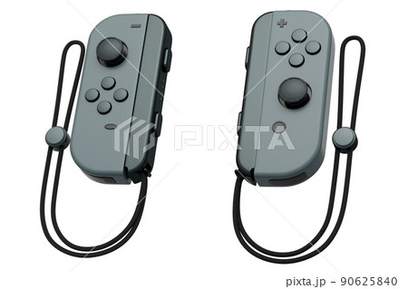 Portable video game controllers on the rope on white background 90625840
