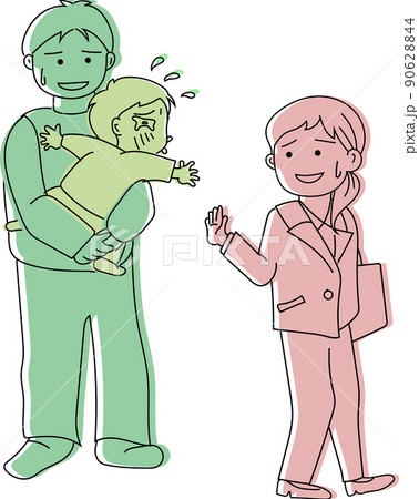 仕事へ行く母親とぐずる子供と困る父親 90628844