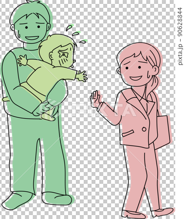 仕事へ行く母親とぐずる子供と困る父親 90628844