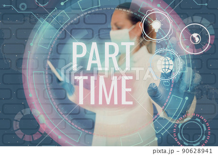 Text sign showing Part Time. Business approach A work or job that is not permanent but able to perform well Nurse in uniform pointing upwards represents global innovative thinking. 90628941