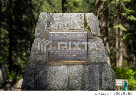 North Vancouver, BC, Canada - April 20 2021 : Monument of Lynn Canyon Park. North Vancouver, BC, Canada - April 20 2021 : Monument of Lynn Canyon Park. 90629260