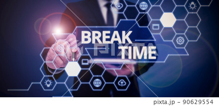 Conceptual display Break Time. Conceptual photo Period of rest or recreation after doing of certain work Lady in suit holding pen symbolizing successful teamwork accomplishments. 90629554