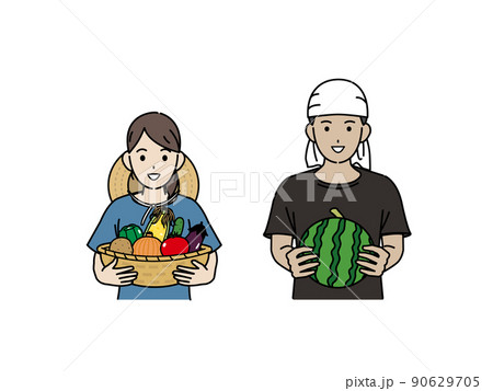 農業　農家　夏野菜　収穫　男女　スイカ 90629705