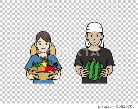 農業　農家　夏野菜　収穫　男女　スイカ 90629705