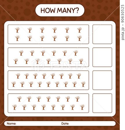 How many counting game with tree. worksheet for preschool kids, kids activity sheet 90630525