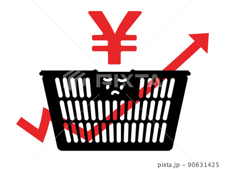 値上げラッシュをイメージした買い物カゴと矢印のイラスト(表情あり) 値上げラッシュをイメージした買い物カゴと矢印のイラスト(表情あり) 90631425