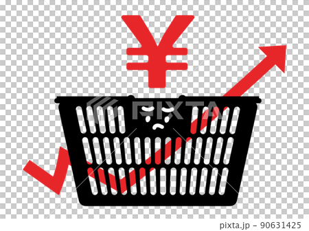 値上げラッシュをイメージした買い物カゴと矢印のイラスト(表情あり) 値上げラッシュをイメージした買い物カゴと矢印のイラスト(表情あり) 90631425