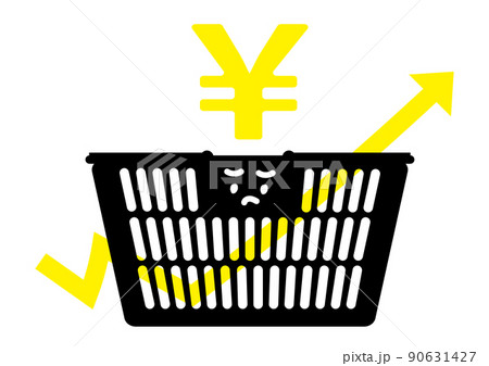 値上げラッシュをイメージした買い物カゴと矢印のイラスト（表情あり） 90631427