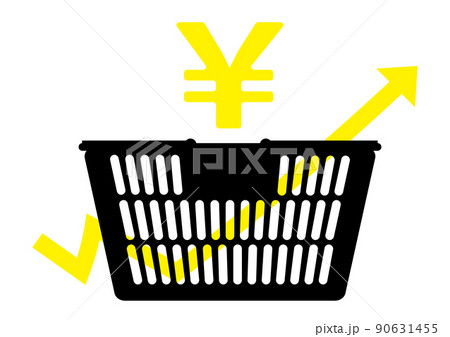 値上げラッシュをイメージした買い物カゴと矢印のイラスト 値上げラッシュをイメージした買い物カゴと矢印のイラスト 90631455
