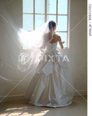 きれいなウエディングドレスを着てスタジオでの結婚式の前撮り撮影 きれいなウエディングドレスを着てスタジオでの結婚式の前撮り撮影 90631501