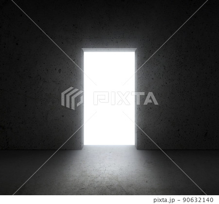 Bright white light shines from door in dark room. Dream, success, opportunity. concept business 90632140