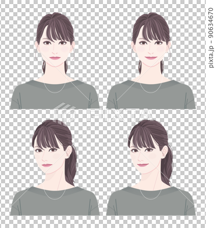 ポニーテールの女性の顔のセット。正面と斜めの顔。標準の表情と笑顔。 ポニーテールの女性の顔のセット。正面と斜めの顔。標準の表情と笑顔。 90634670