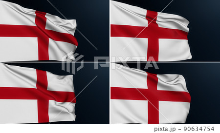 England flag. Saint George's Cross. London sign. Collection of English official patriotic symbol of National Day celebration. Realistic 3D illustration with cotton texture set of 4. 90634754
