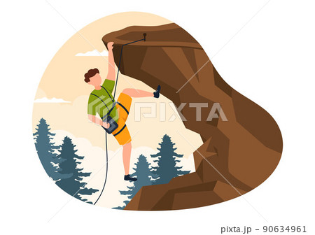 Mountain Rock Climbing Cartoon Illustration with Climber Climbs Wall or Mountainous Cliff use Equipment on a Nature Landscape Background Mountain Rock Climbing Cartoon Illustration with Climber Climbs Wall or Mountainous Cliff use Equipment on a Nature Landscape Background 90634961