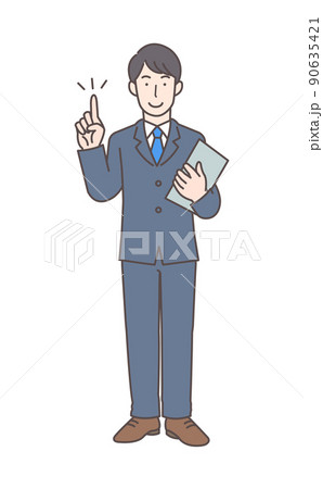 資料を持ちながら指差しするスーツの男性の全身イラストのイラスト素材