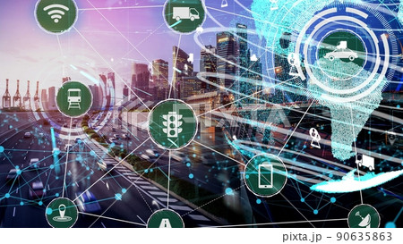 Smart transport technology concept for future car traffic on newish city road Smart transport technology concept for future car traffic on newish city road 90635863