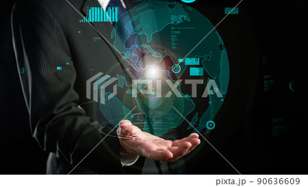 Businessman show hologram of global business communication allusive technology 90636609
