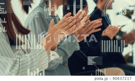 Envisional graphic on business people celebrating in corporate staff meeting 90637217