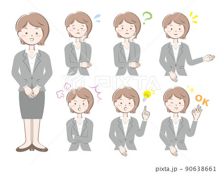 スーツ姿の女性の表情　ポーズ　セット	 90638661